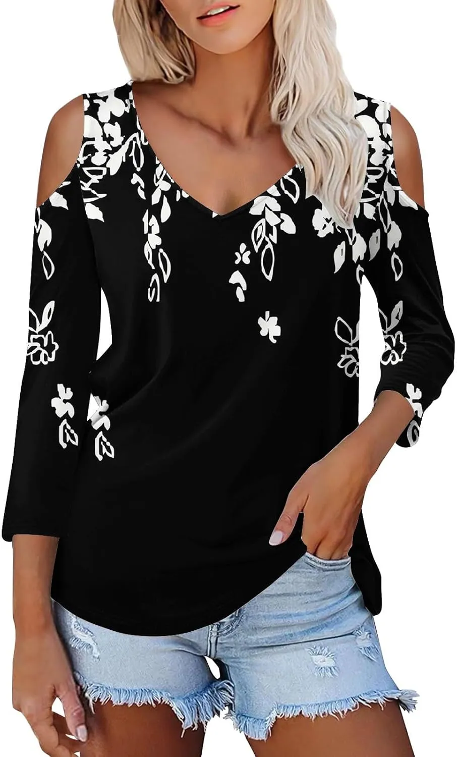 Women's 3/4 Length Sleeve Tops Trendy Dressy Casual V-Neck Loose Soft Lightweight Tunic Blouses T-Shirts Summer