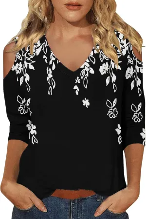 Women's 3/4 Length Sleeve Tops Trendy Dressy Casual V-Neck Loose Soft Lightweight Tunic Blouses T-Shirts Summer
