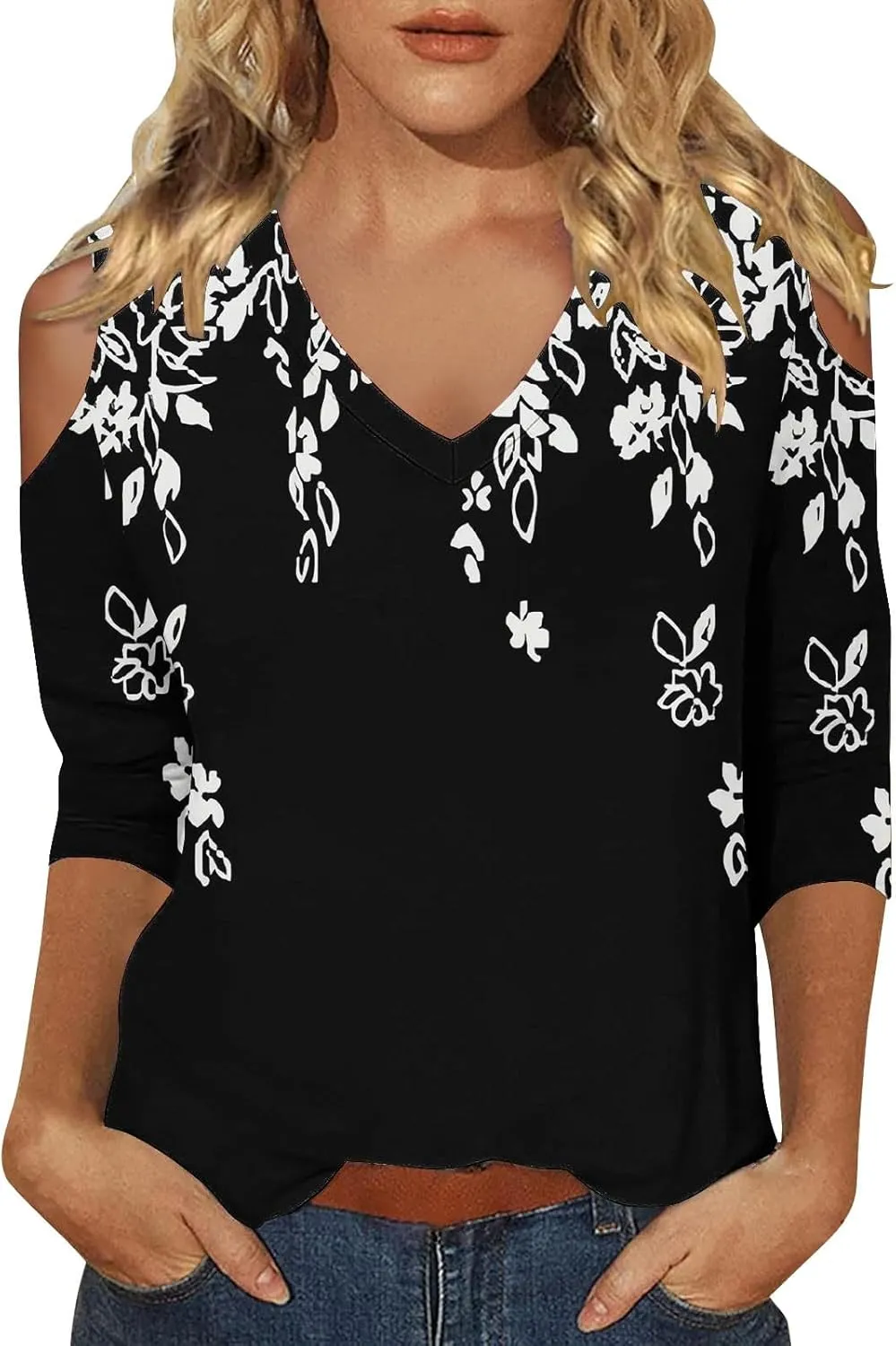 Women's 3/4 Length Sleeve Tops Trendy Dressy Casual V-Neck Loose Soft Lightweight Tunic Blouses T-Shirts Summer