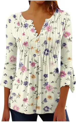 Womens 3/4 Sleeve Floral Top Vintage V Neck T Shirts Button Down Blouse Dressy Flowy Tops Trendy Loose Tops Blouse