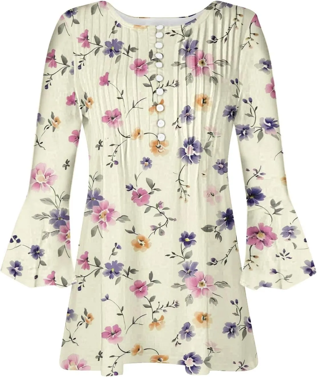 Womens 3/4 Sleeve Floral Top Vintage V Neck T Shirts Button Down Blouse Dressy Flowy Tops Trendy Loose Tops Blouse