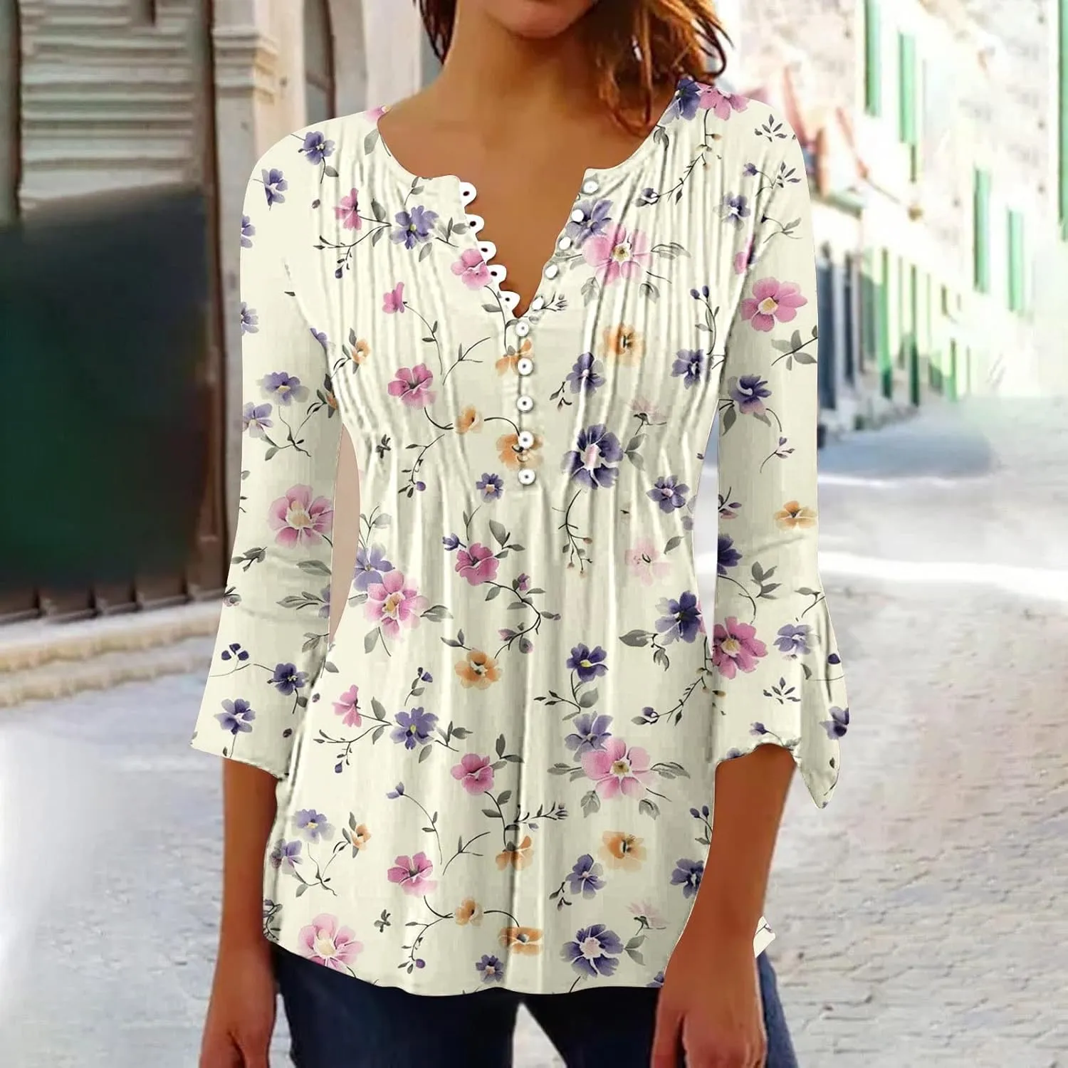 Womens 3/4 Sleeve Floral Top Vintage V Neck T Shirts Button Down Blouse Dressy Flowy Tops Trendy Loose Tops Blouse