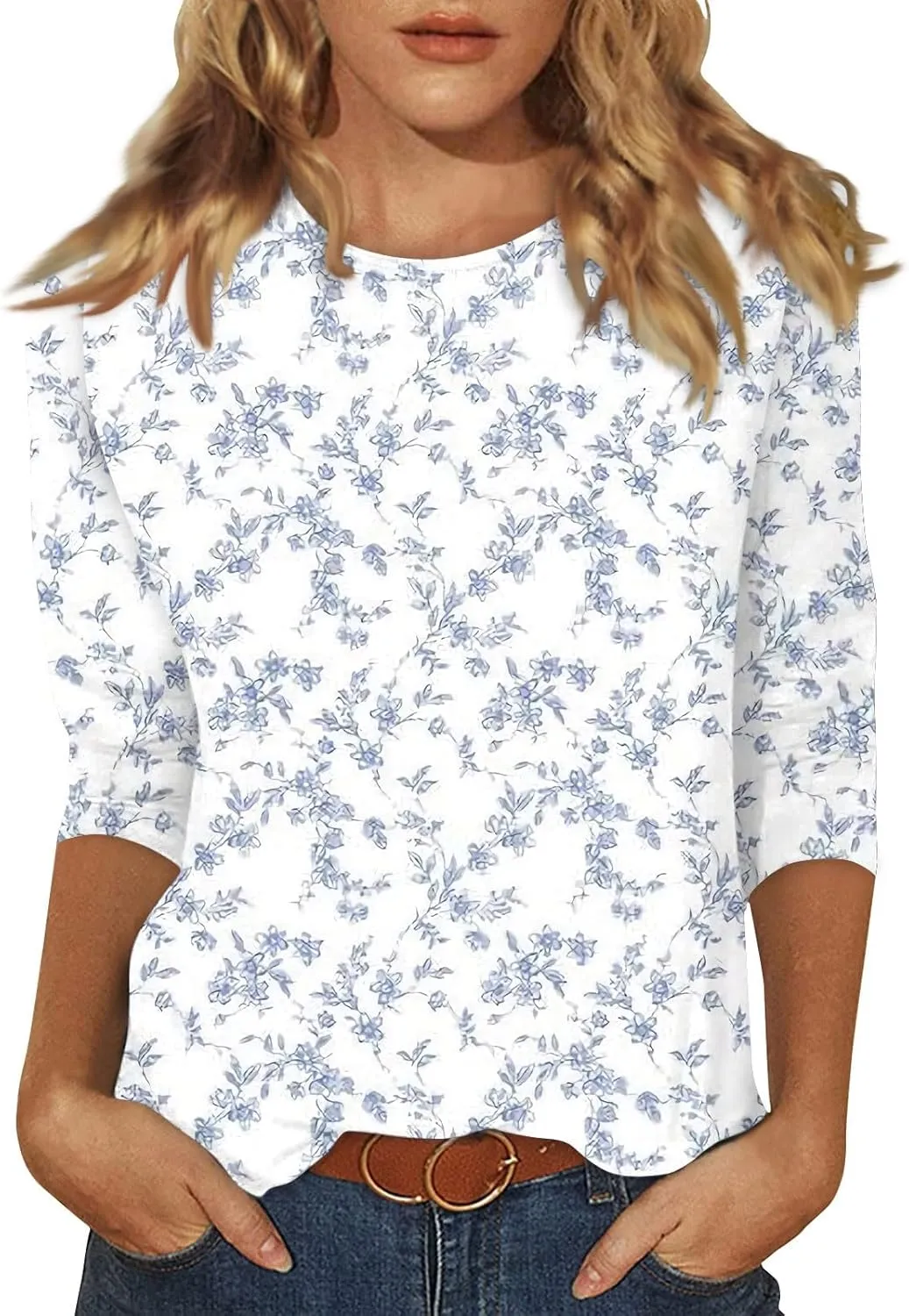 Womens 3/4 Sleeve Tops 2025 Spring Summer Print Round Neck Shirts Loose Fit Fashion Three Quarter Sleeve Tshirts