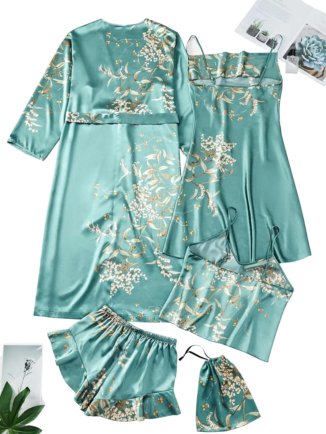 Women's 4pcs Sleepwear Satin Silk Floral Cami with Shorts Cowl Neck Dress Pj Set with Robe