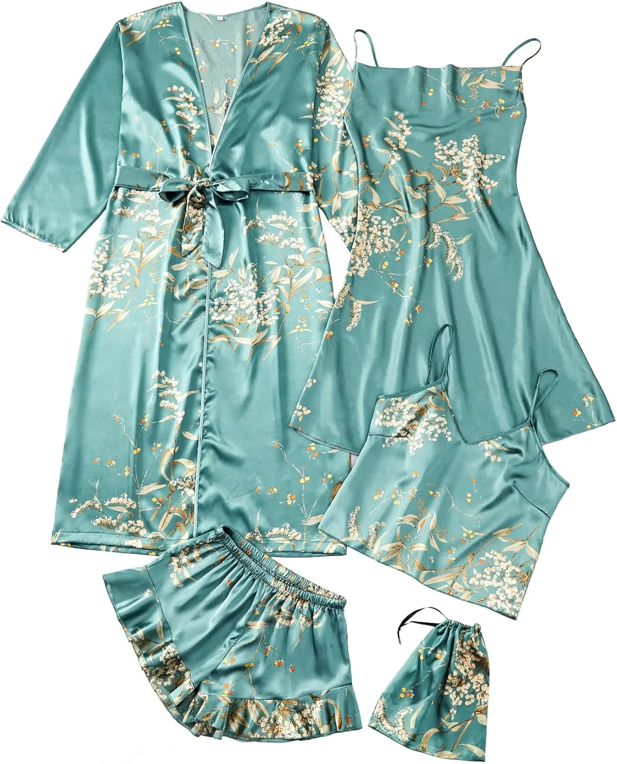Women's 4pcs Sleepwear Satin Silk Floral Cami with Shorts Cowl Neck Dress Pj Set with Robe
