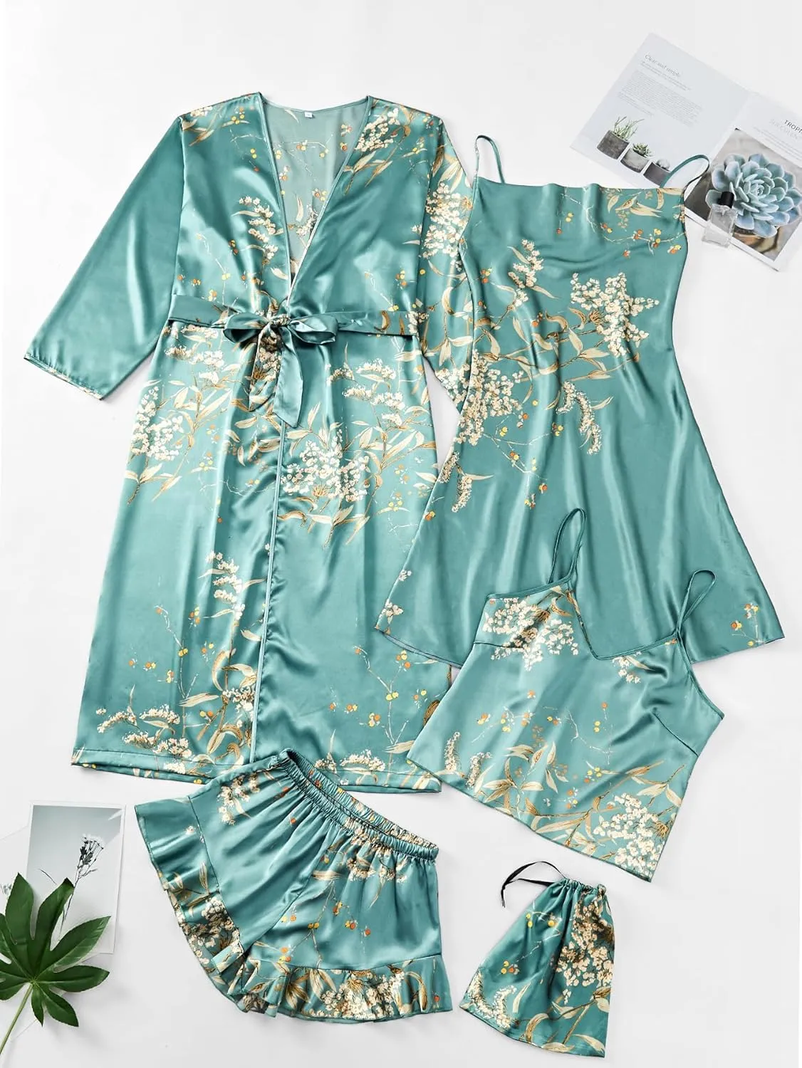 Women's 4pcs Sleepwear Satin Silk Floral Cami with Shorts Cowl Neck Dress Pj Set with Robe