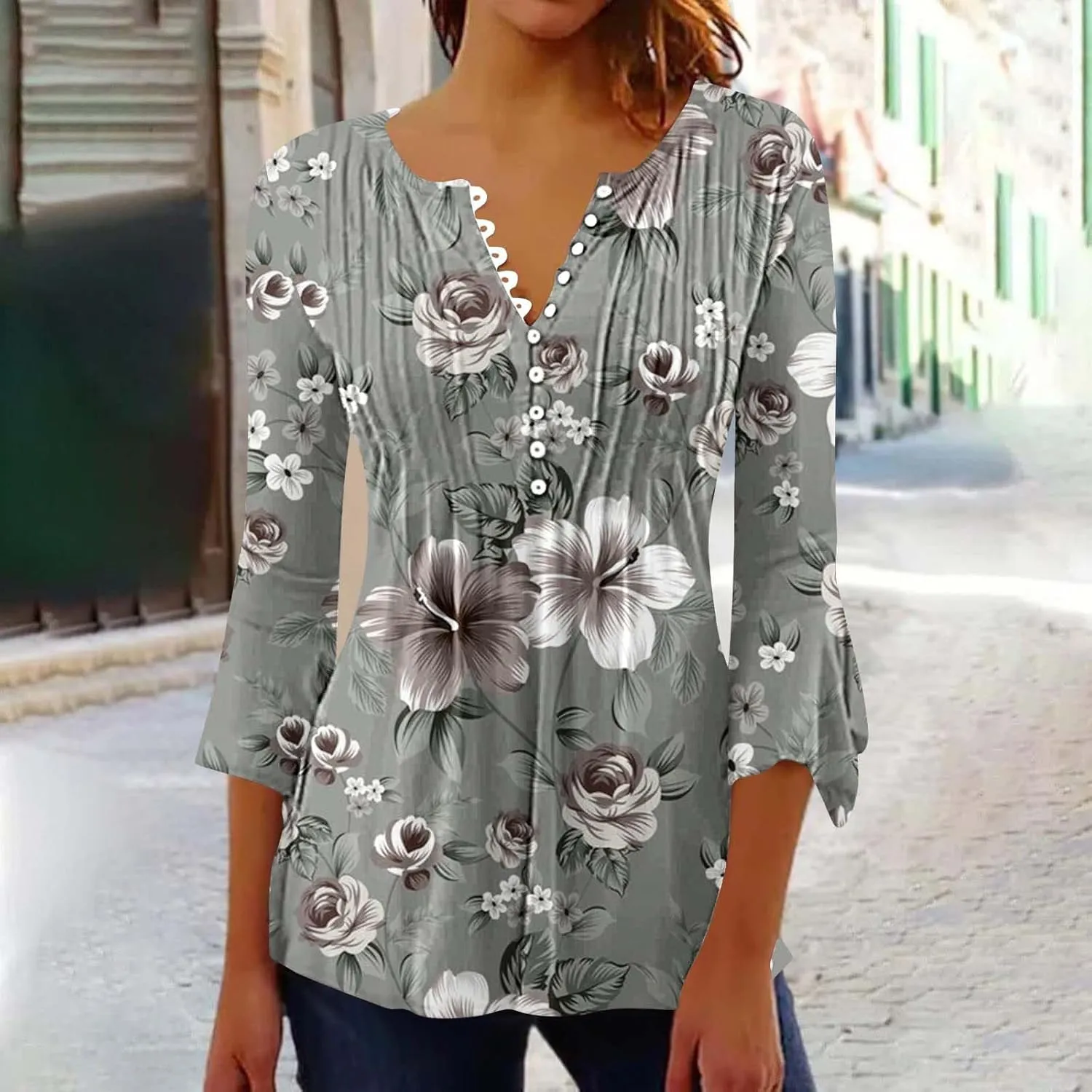 Women's Blouses & Button-Down Shirts Vintage Floral Print Boho Empire Waist Tunic Tops Spring Fashion 3/4 Sleeve Tees