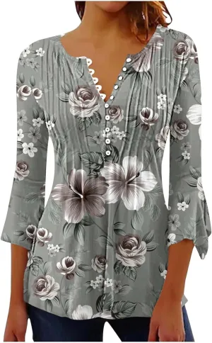 Women's Blouses & Button-Down Shirts Vintage Floral Print Boho Empire Waist Tunic Tops Spring Fashion 3/4 Sleeve Tees