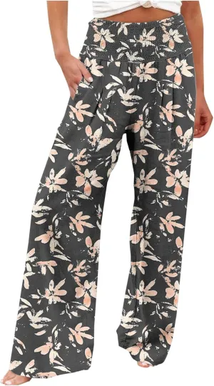 Womens Bohemian Wide Leg Pants Smocked High Waist Flowy Beach Trousers 2025 Summer Casual Boho Loose Palazzo Pants