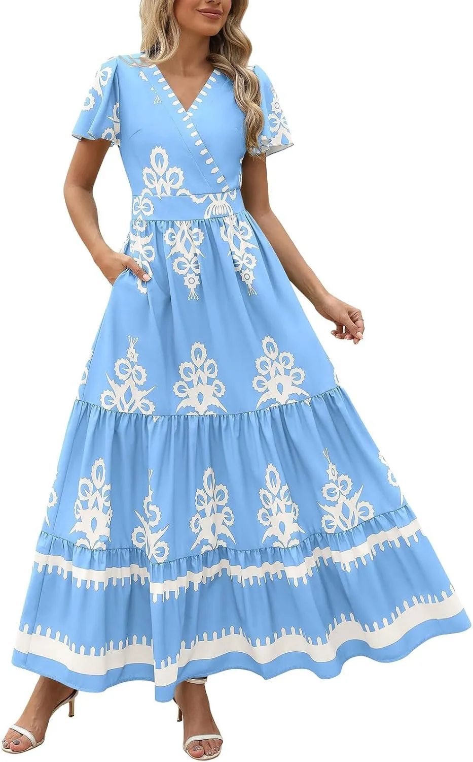 Womens Boho Maxi Dress Summer Casual Short Sleeve A Line Flowy Long V Neck Sundress Beach Vacation Dresses with Pockets
