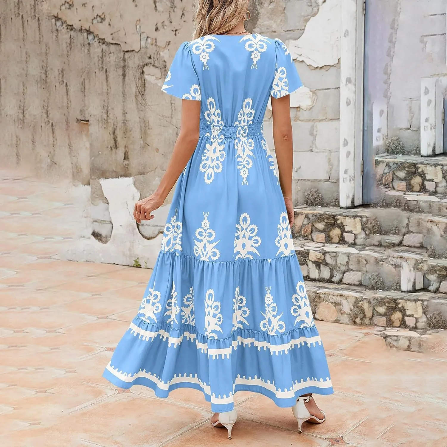 Womens Boho Maxi Dress Summer Casual Short Sleeve A Line Flowy Long V Neck Sundress Beach Vacation Dresses with Pockets