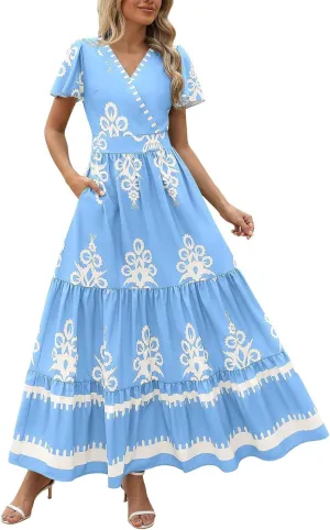 Womens Boho Maxi Dress Summer Casual Short Sleeve A Line Flowy Long V Neck Sundress Beach Vacation Dresses with Pockets