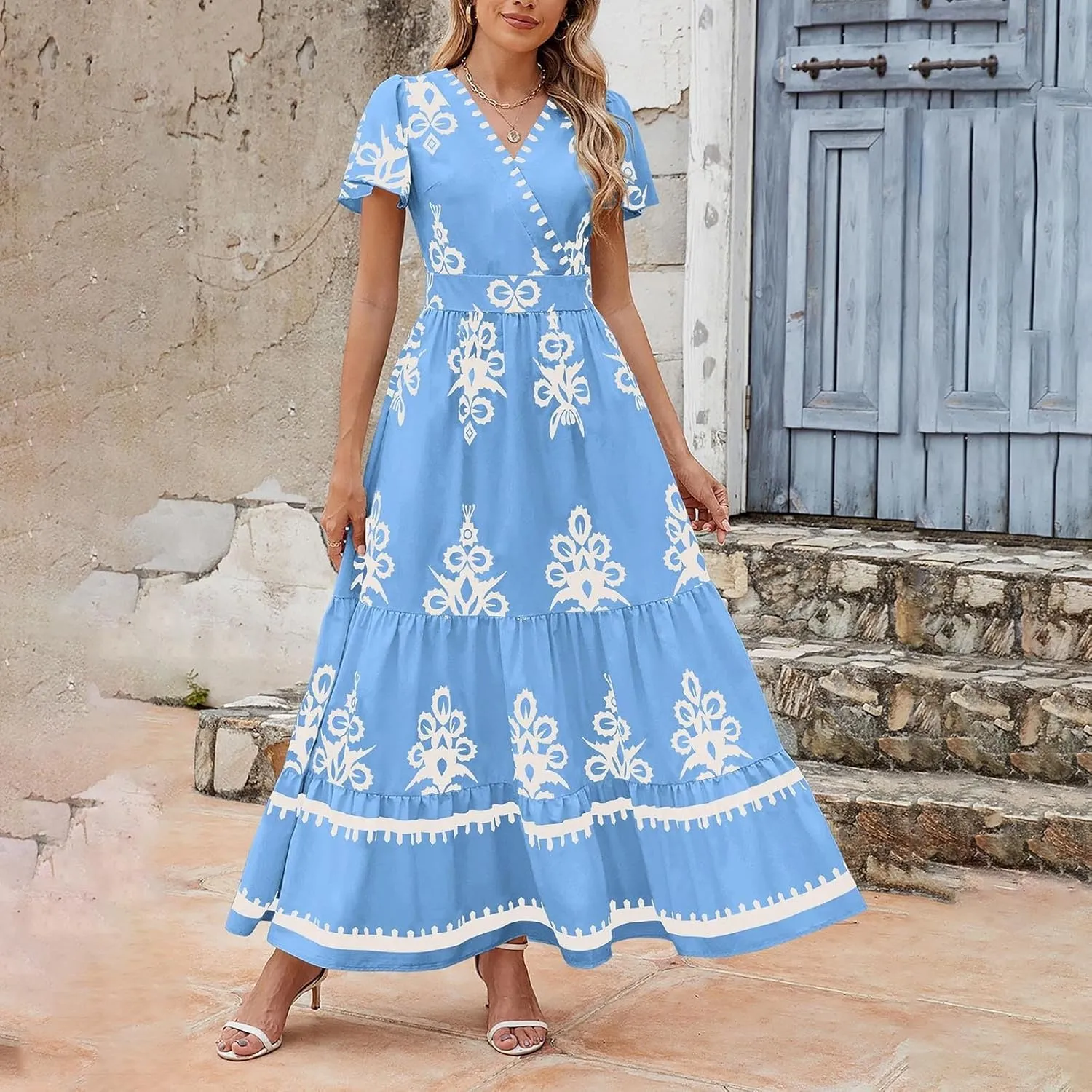 Womens Boho Maxi Dress Summer Casual Short Sleeve A Line Flowy Long V Neck Sundress Beach Vacation Dresses with Pockets