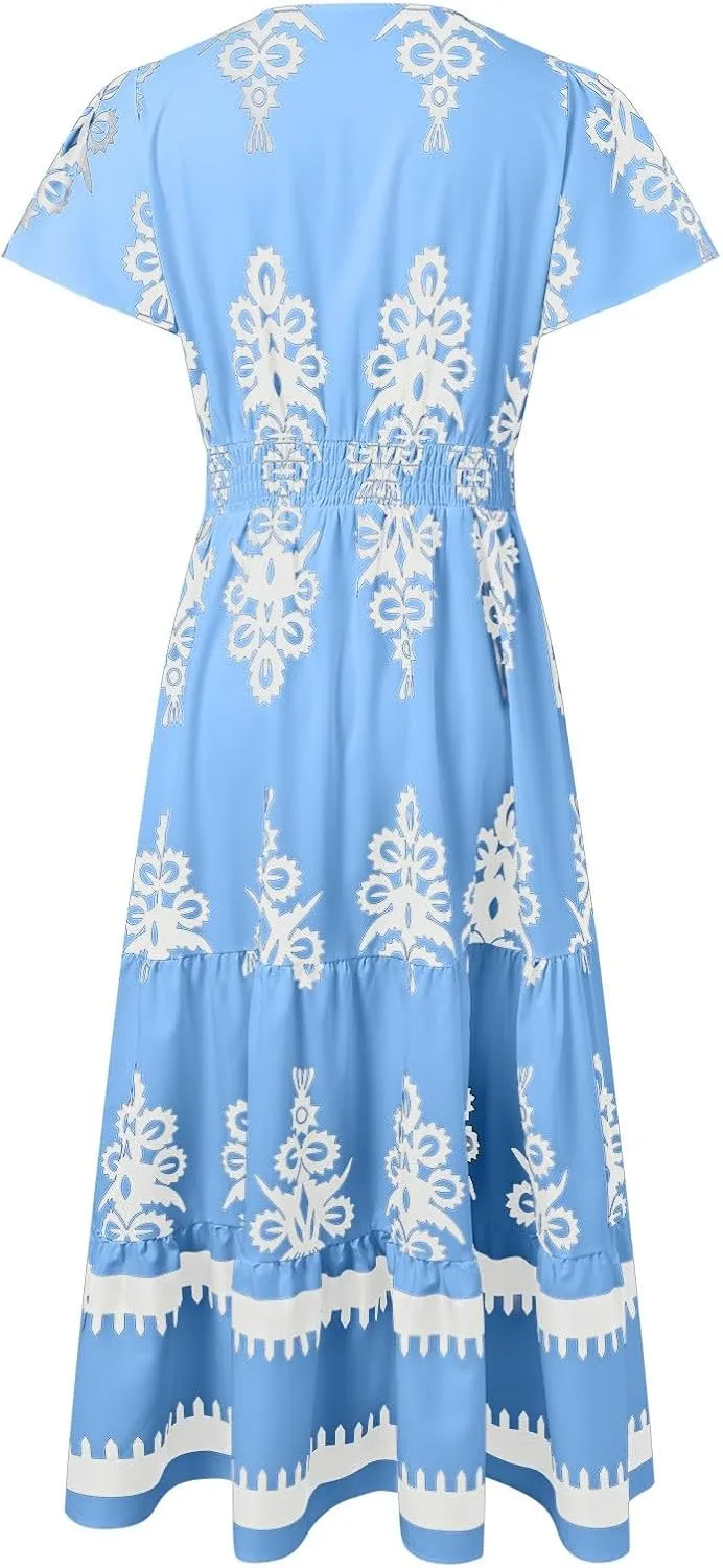 Womens Boho Maxi Dress Summer Casual Short Sleeve A Line Flowy Long V Neck Sundress Beach Vacation Dresses with Pockets