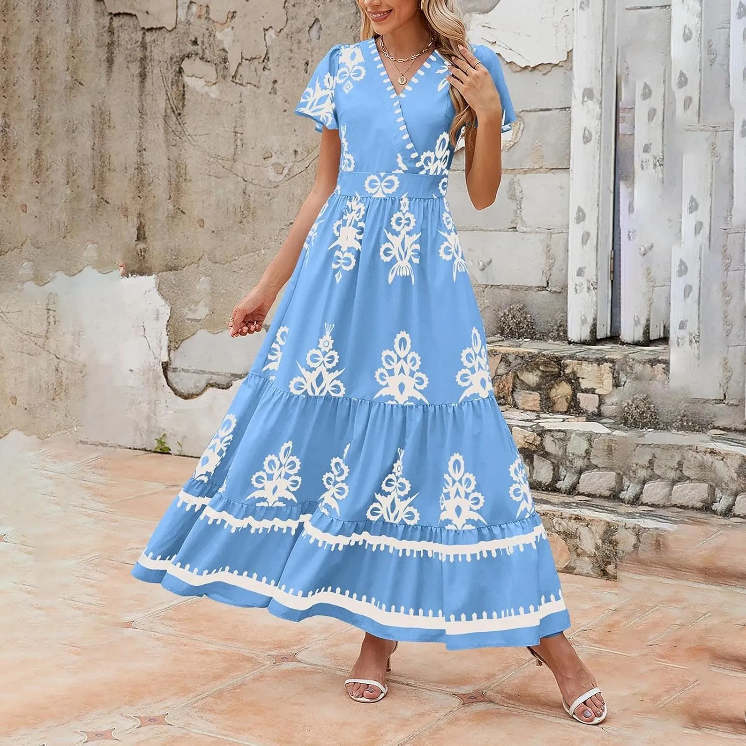 Womens Boho Maxi Dress Summer Casual Short Sleeve A Line Flowy Long V Neck Sundress Beach Vacation Dresses with Pockets