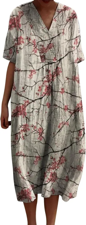 Women's Boho Summer Dresses with Pockets Vintage Art Floral Printed Midi Dress V Neck Plus Size Loose Casual Dresses