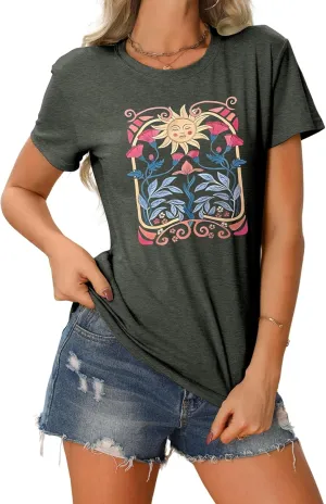 Women's Boho Wildflower Floral Shirts Vintage Graphic Loose Tees Short Sleeve Casual T Shirt Tops