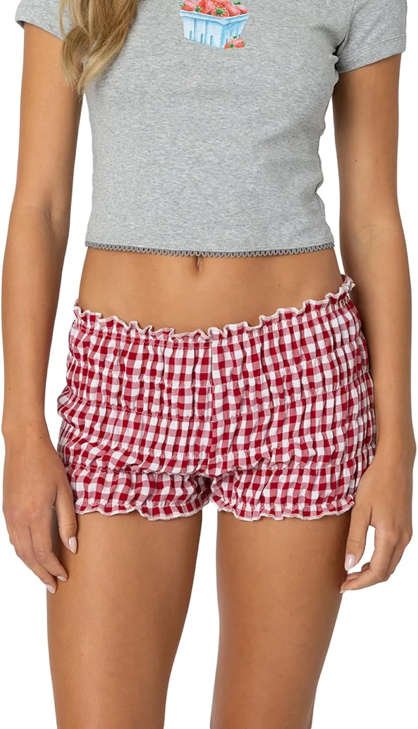 Womens Boxer Shorts Tiered Elastic Scrunch Plaid Shorts Cute Ruffle Pajama Bottoms Soft Cotton Lounge Shorts
