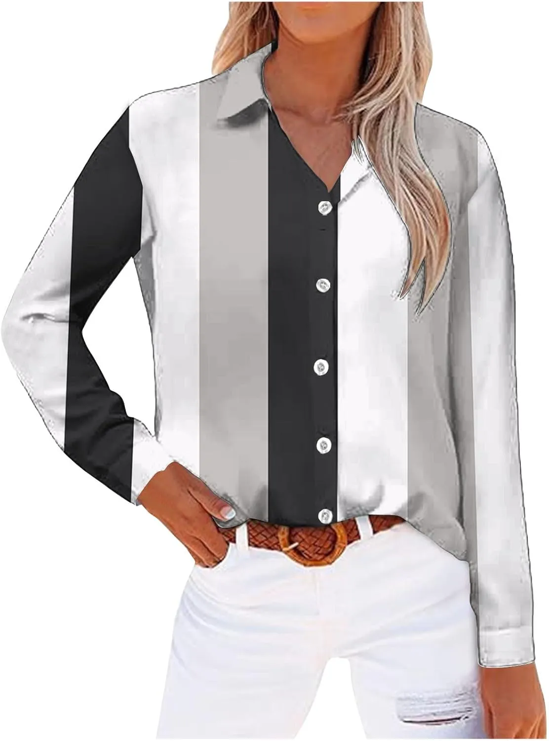 Womens Button Down Casual Shirts Color Block Striped Blouse Tops Long Sleeve Collar Shirt Dressy Work Outfits Clothing