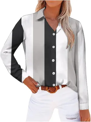 Womens Button Down Casual Shirts Color Block Striped Blouse Tops Long Sleeve Collar Shirt Dressy Work Outfits Clothing