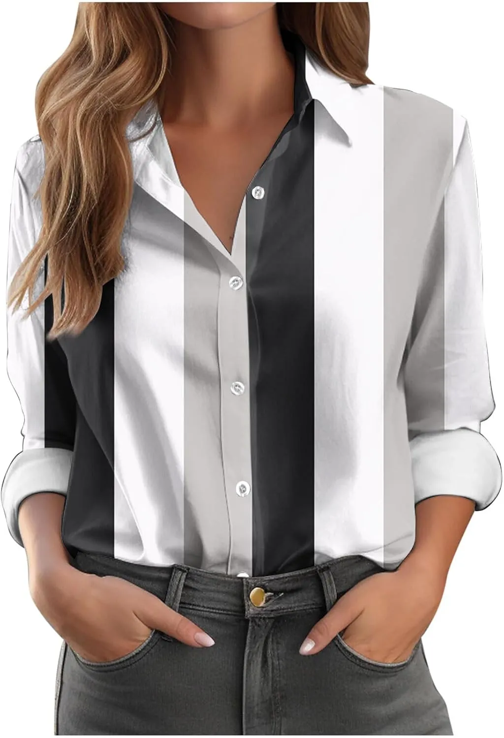 Womens Button Down Casual Shirts Color Block Striped Blouse Tops Long Sleeve Collar Shirt Dressy Work Outfits Clothing
