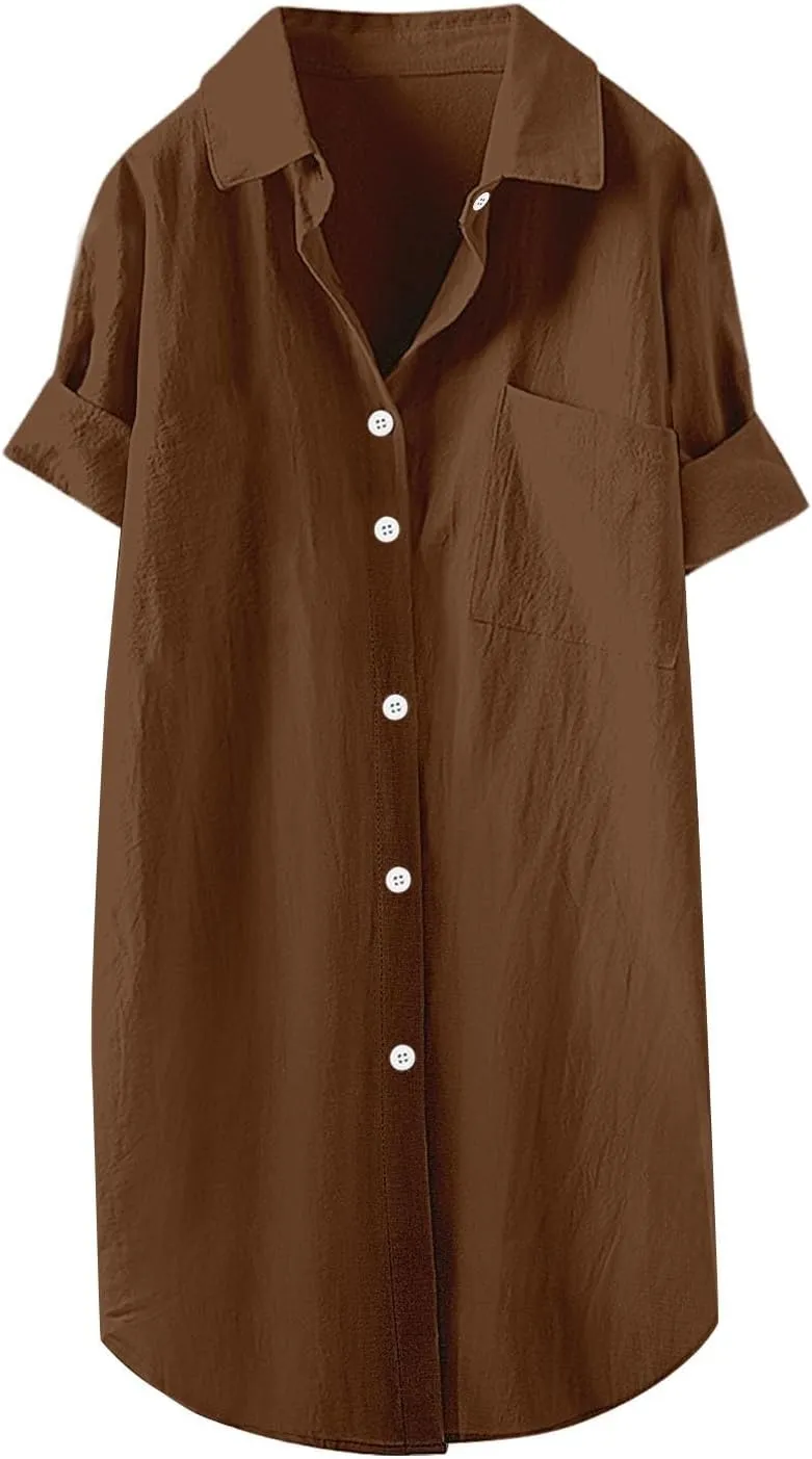 Womens Button Shirt Dresses Daily Casual High Low Irregular Hem Short/Half Sleeve Blouse Loose Summer Linen Tops 2025
