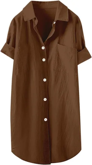 Womens Button Shirt Dresses Daily Casual High Low Irregular Hem Short/Half Sleeve Blouse Loose Summer Linen Tops 2025