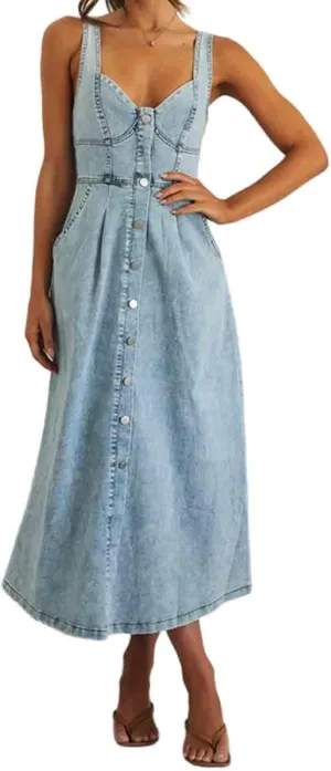 Women's Camisole Vintage Casual Style Denim Skirt Collar Sleeveless Breasted Dress Long Skirt