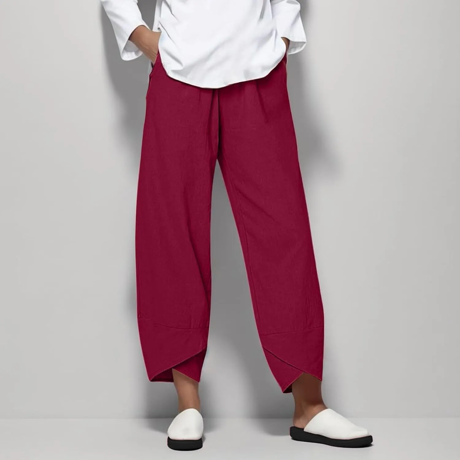 Womens Capri Linen Pants Casual Summer Baggy Wide Leg Beach Pants Elastic High Waist Palazzo Lounge Cropped Trousers
