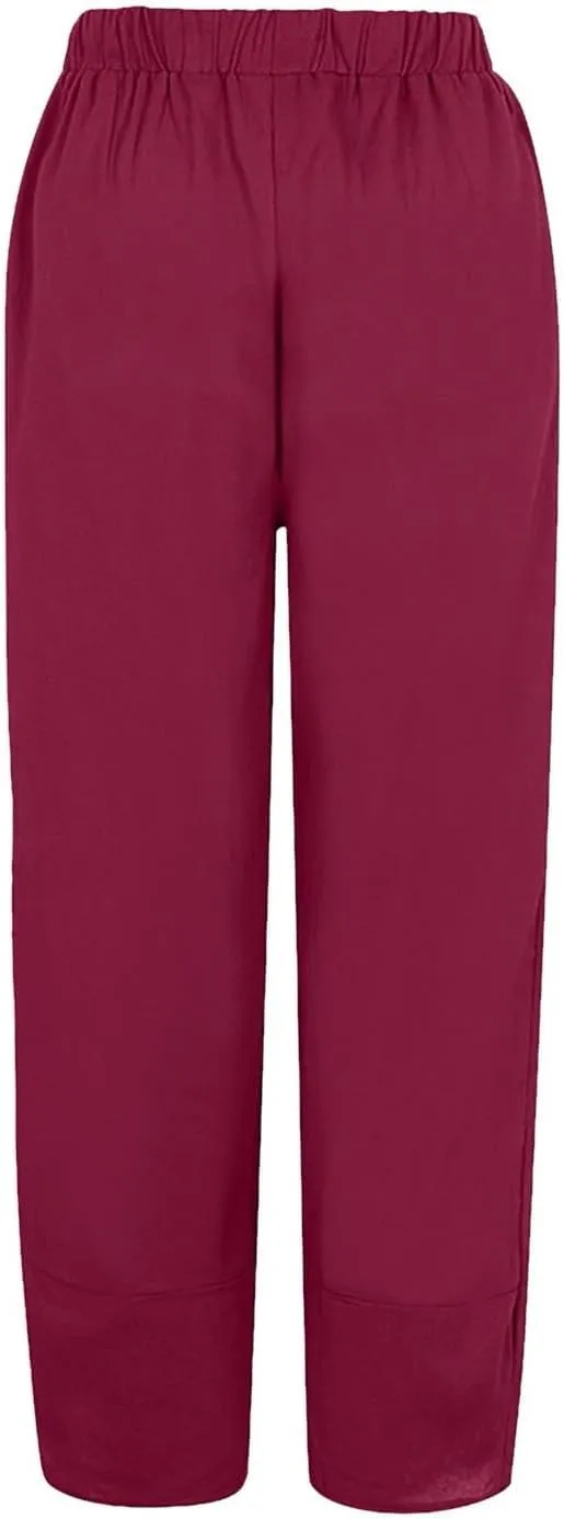 Womens Capri Linen Pants Casual Summer Baggy Wide Leg Beach Pants Elastic High Waist Palazzo Lounge Cropped Trousers