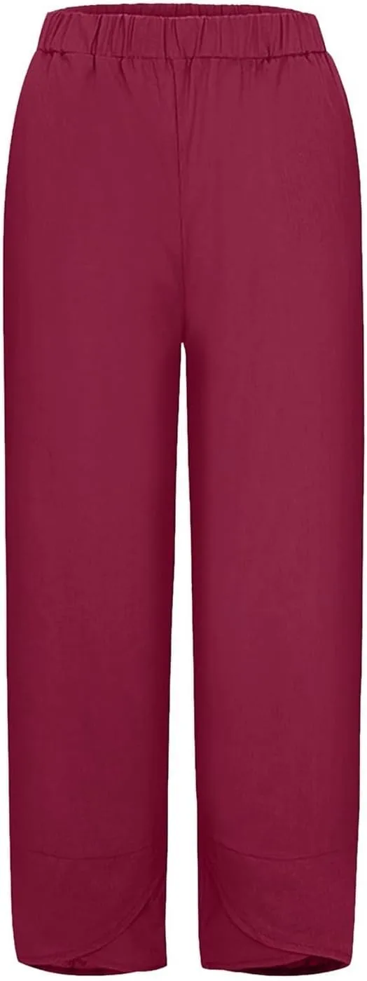 Womens Capri Linen Pants Casual Summer Baggy Wide Leg Beach Pants Elastic High Waist Palazzo Lounge Cropped Trousers