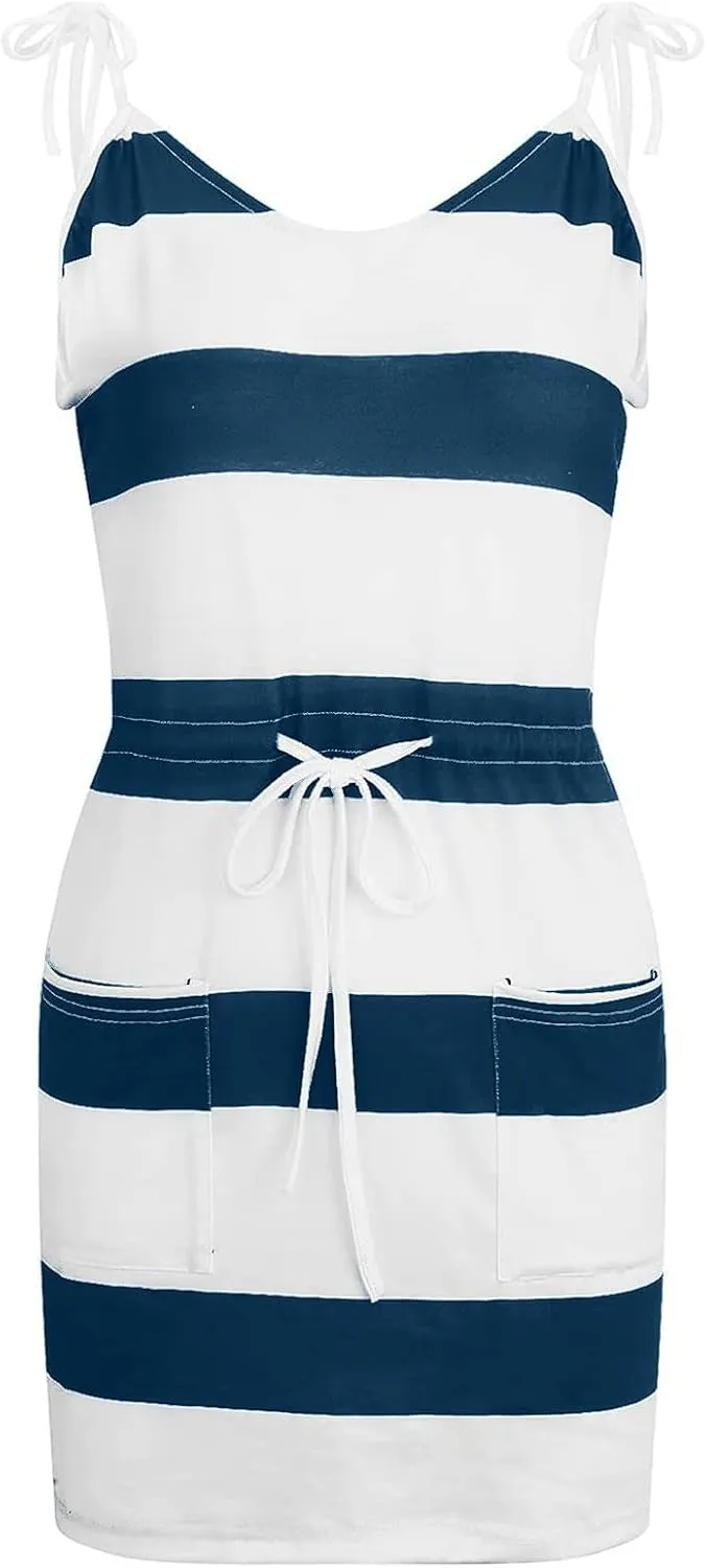 Women's Casual Dresses 2025 Summer Vacation A-Line Stripes Mini Dresses V-Neck Sleeveless Mini Dresses with Pockets