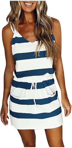 Women's Casual Dresses 2025 Summer Vacation A-Line Stripes Mini Dresses V-Neck Sleeveless Mini Dresses with Pockets