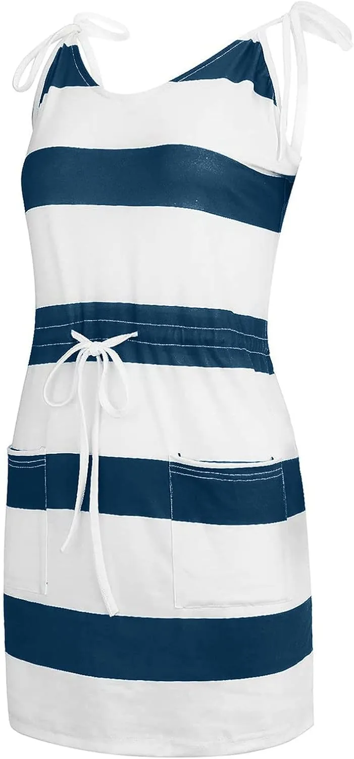 Women's Casual Dresses 2025 Summer Vacation A-Line Stripes Mini Dresses V-Neck Sleeveless Mini Dresses with Pockets