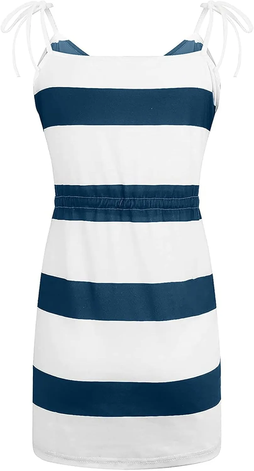 Women's Casual Dresses 2025 Summer Vacation A-Line Stripes Mini Dresses V-Neck Sleeveless Mini Dresses with Pockets