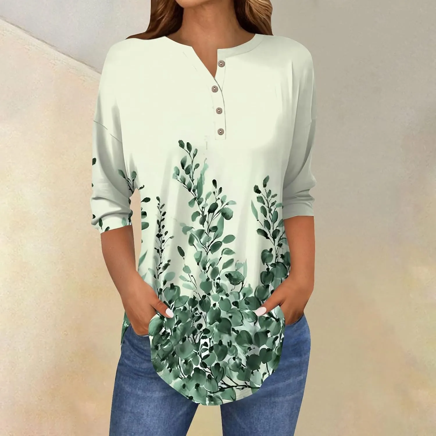 Women's Casual Floral Print Henley Blouse with 3/4 Sleeves, Button Front Loose Fit for Spring and Summer