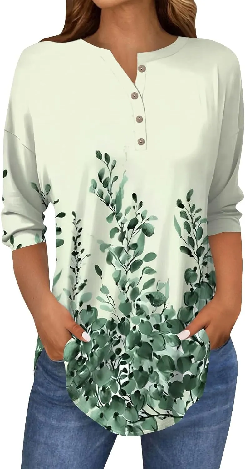 Women's Casual Floral Print Henley Blouse with 3/4 Sleeves, Button Front Loose Fit for Spring and Summer