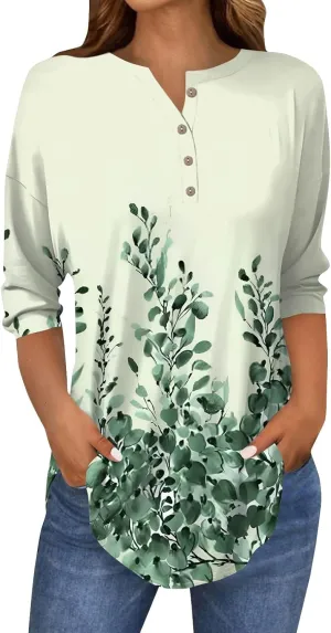 Women's Casual Floral Print Henley Blouse with 3/4 Sleeves, Button Front Loose Fit for Spring and Summer