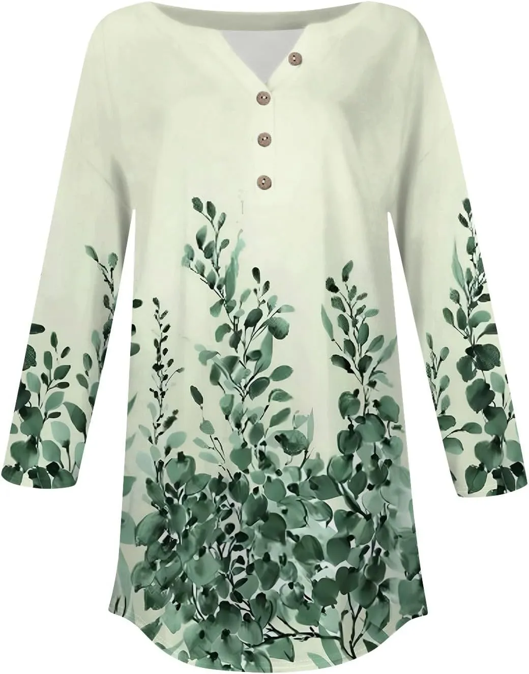 Women's Casual Floral Print Henley Blouse with 3/4 Sleeves, Button Front Loose Fit for Spring and Summer