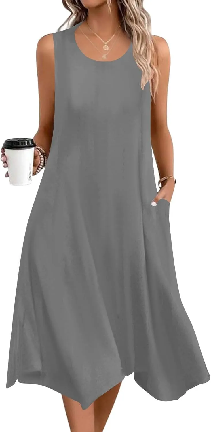 Women's Casual Summer Dress Sleeveless Loose Flowy Beach Tank Dress Hankerchief Flare Midi Sundress with Pockets