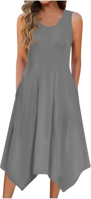 Women's Casual Summer Dress Sleeveless Loose Flowy Beach Tank Dress Hankerchief Flare Midi Sundress with Pockets