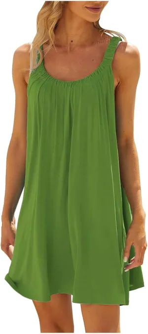 Womens Causal Summer Dress Beach Dress Sleeveless Waist Tie Front Bikini A- Line Mini Short Sun Dresses Beachwear