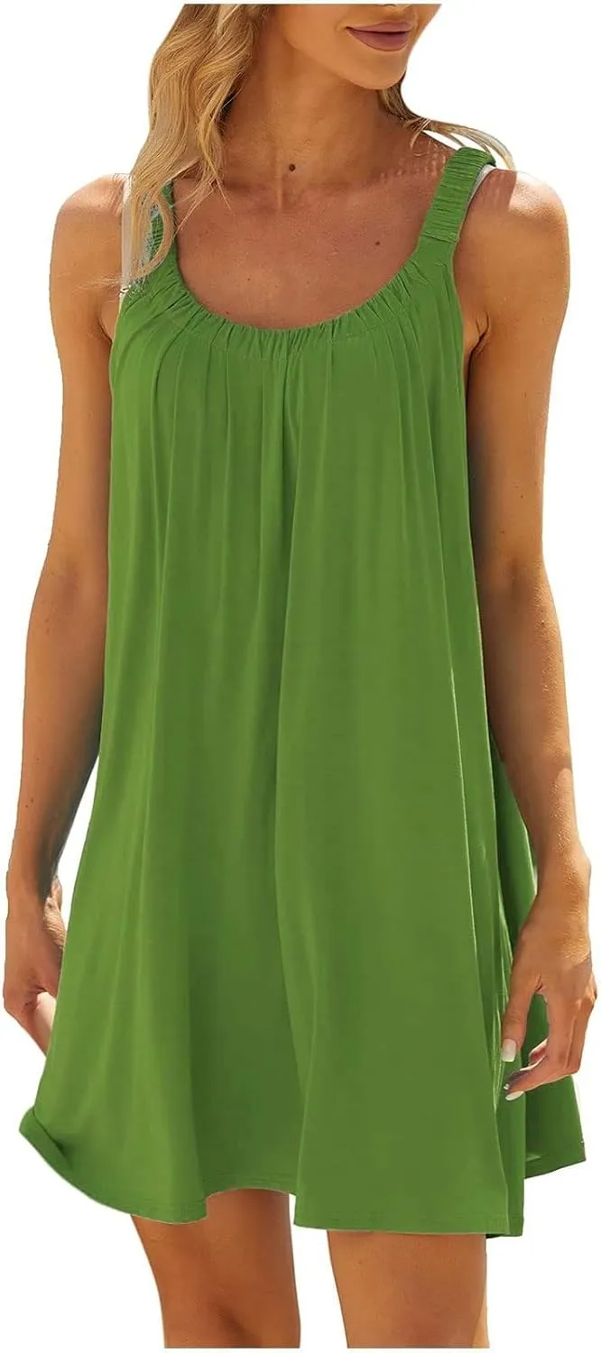 Womens Causal Summer Dress Beach Dress Sleeveless Waist Tie Front Bikini A- Line Mini Short Sun Dresses Beachwear