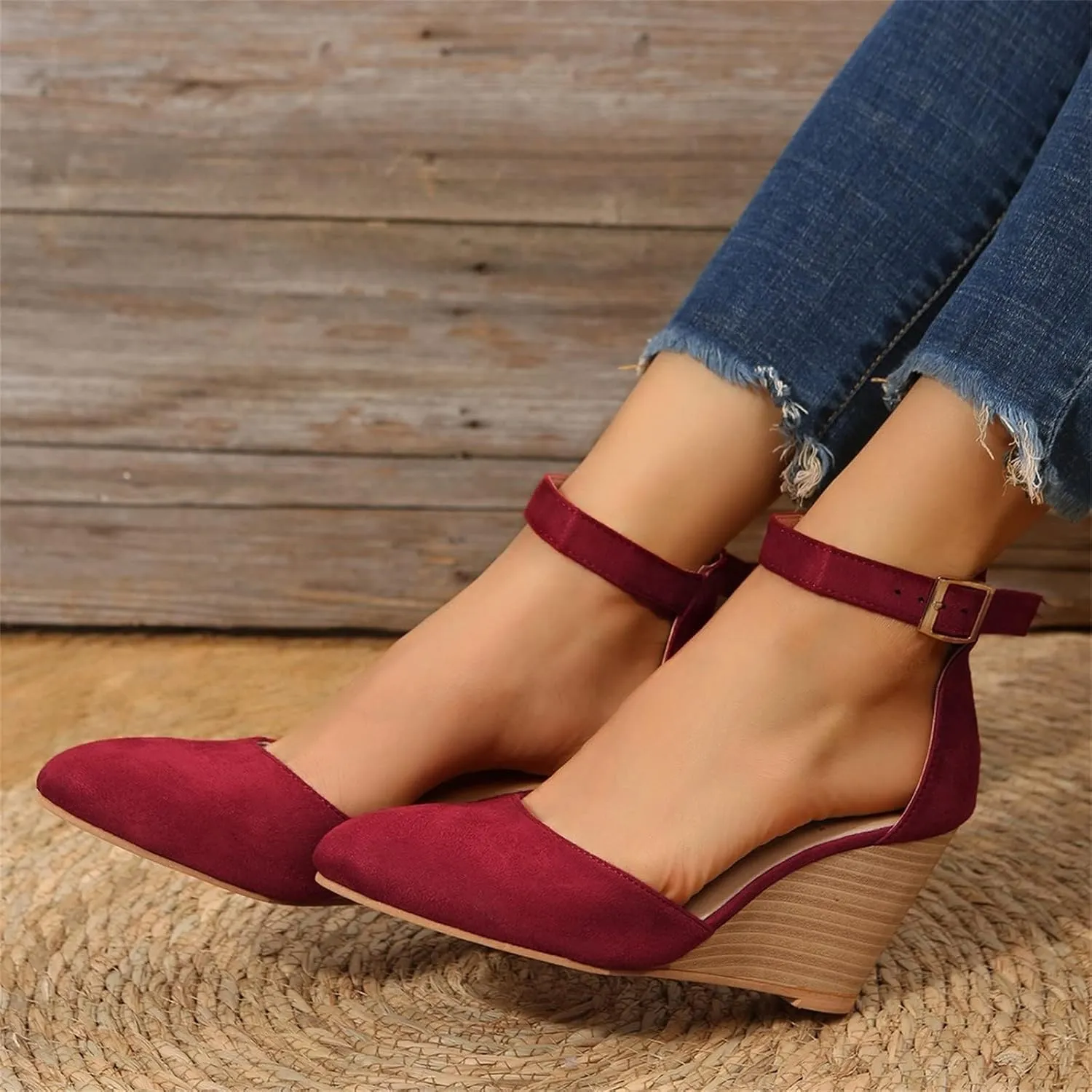 Womens Closed Toe Sandals Buckle Ankle Strap High Chunky Heels Sandals Closed Toe Espadrilles Wedge Shoes Platform