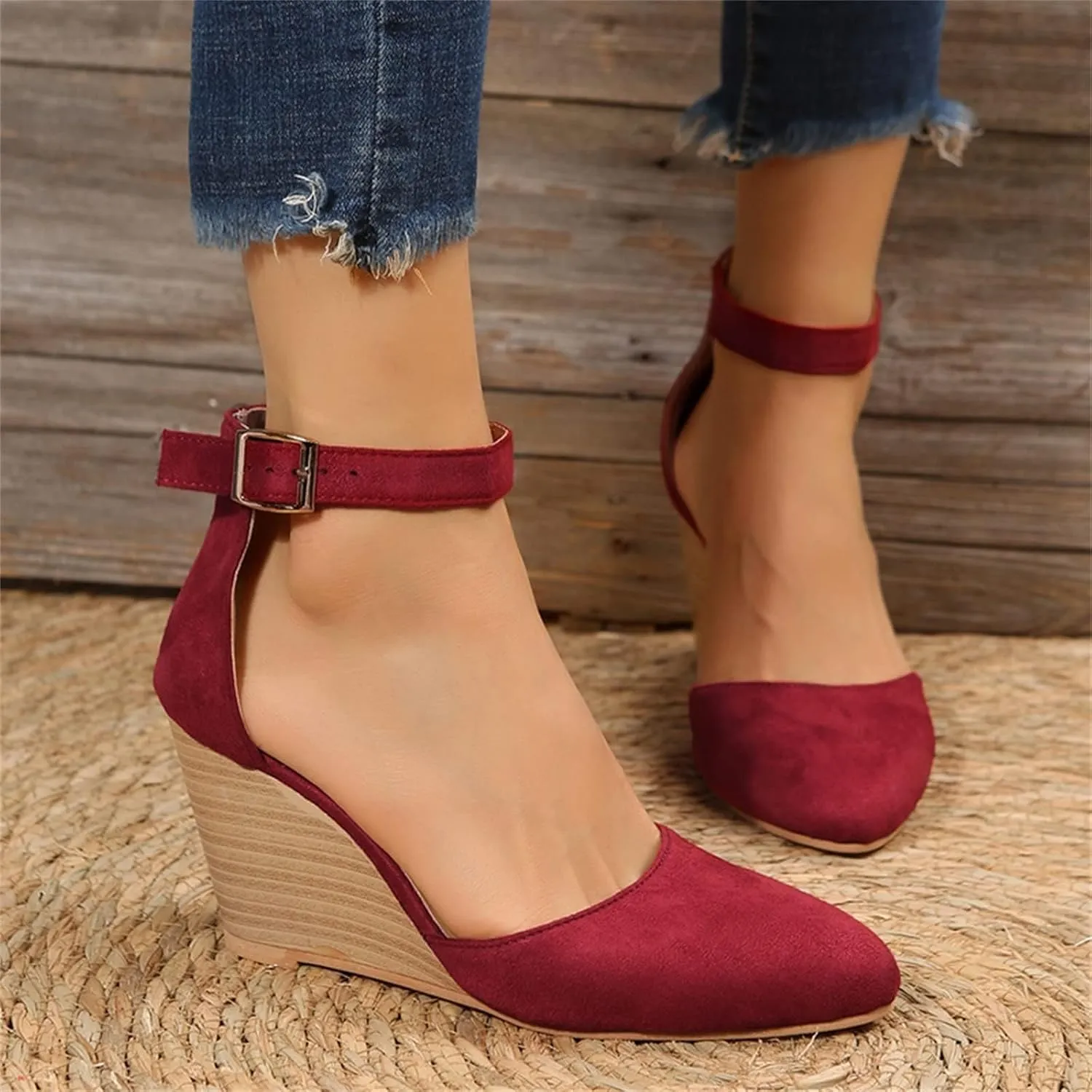 Womens Closed Toe Sandals Buckle Ankle Strap High Chunky Heels Sandals Closed Toe Espadrilles Wedge Shoes Platform