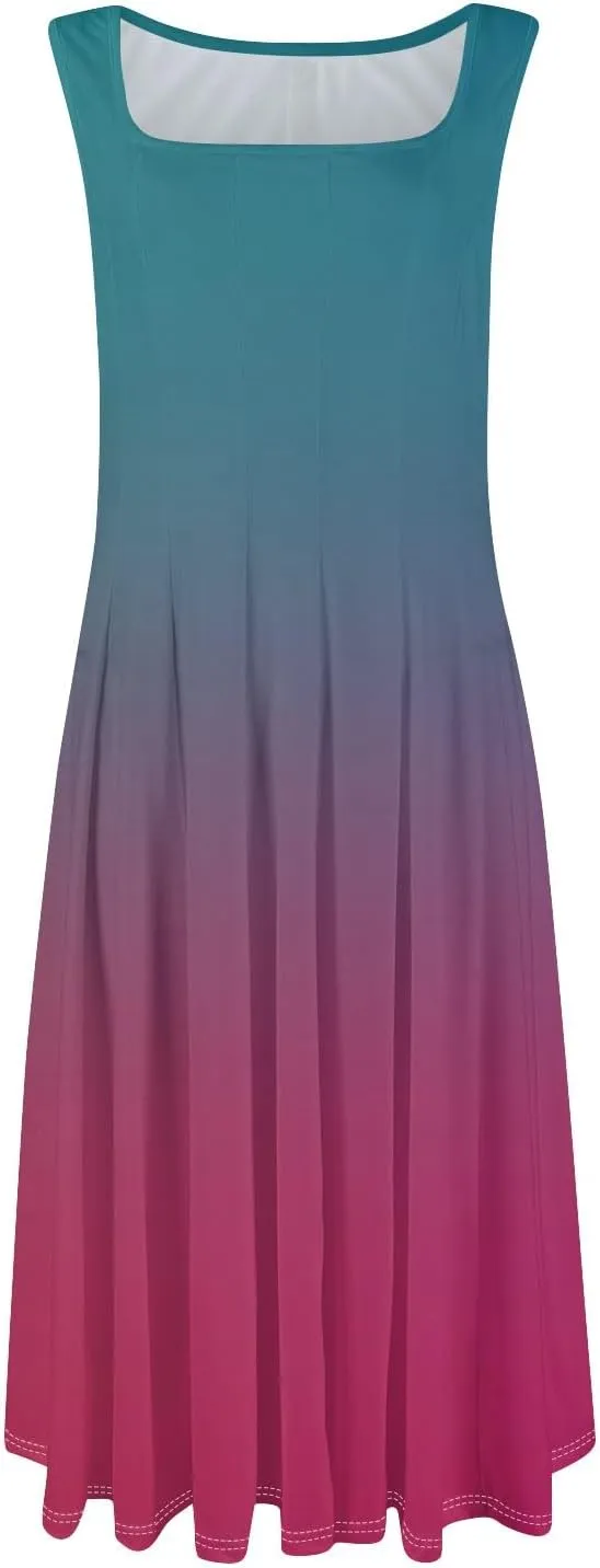 Womens Cocktail Sundresses,Formal Crew Neck Plus Size A Line Midi Dresses Casual Floral Smocked Flowy Tank Dress