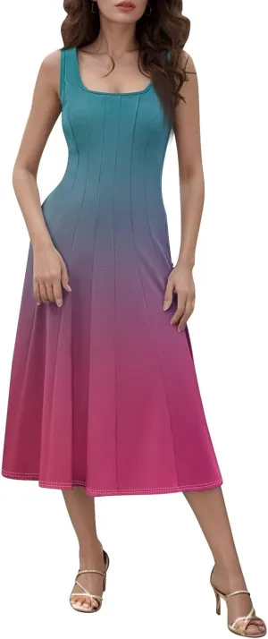 Womens Cocktail Sundresses,Formal Crew Neck Plus Size A Line Midi Dresses Casual Floral Smocked Flowy Tank Dress