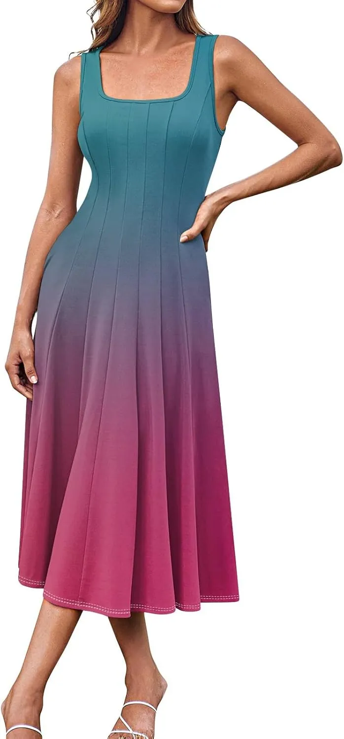 Womens Cocktail Sundresses,Formal Crew Neck Plus Size A Line Midi Dresses Casual Floral Smocked Flowy Tank Dress