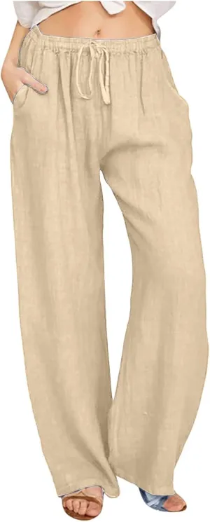 Women's Cotton Linen Drawstring High Waisted Pants Casual Loose Wide Leg Trousers Work Business Casual Slacks Clothes