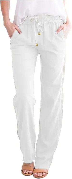 Women's Cotton Linen Pants Straight Leg Drawstring Elastic High Waist Loose Comfy Palazzo Trousers with Pockets
